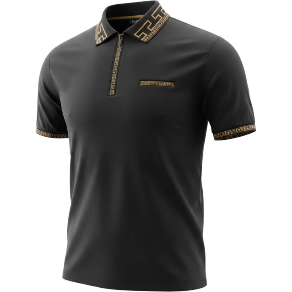 Pavini Mens XXL Black Greek Key Trim Quarter Zip Short Sleeve Polo Shirt